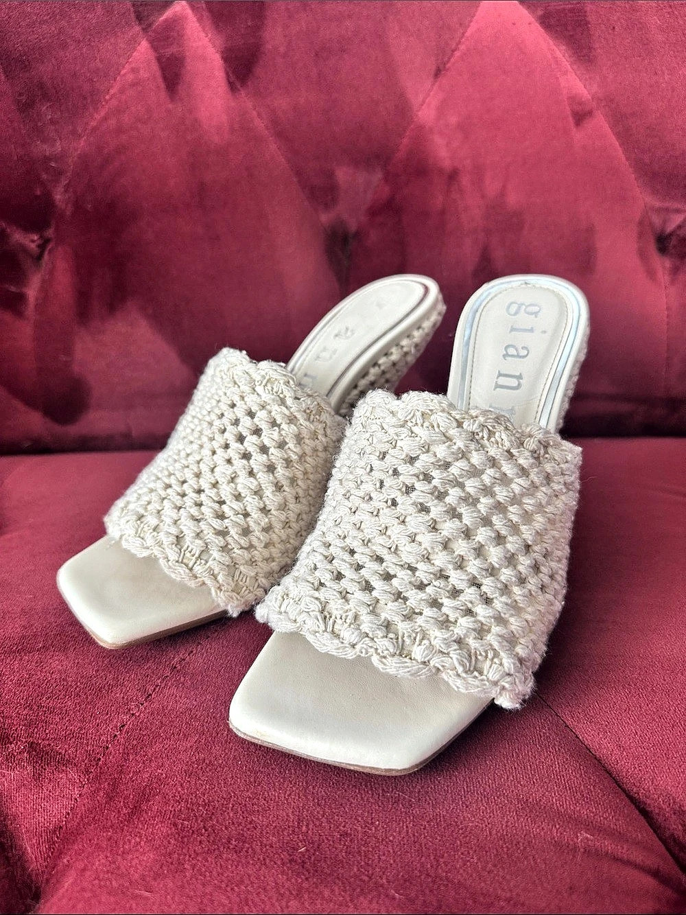 Gianni Bini Regina Crochet Wedge Mules Cream